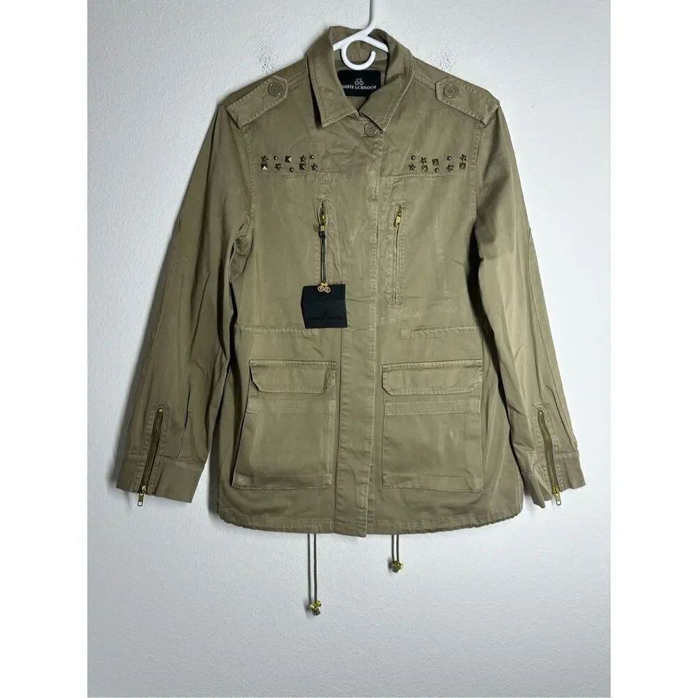 NWT Sofie Schnoor Women’s Green Cotton Parka Métal Stars Trim Sz 40 EU/ 4 US
